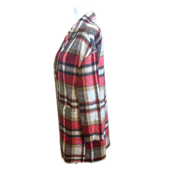 Automet long plaid shacket, button up jacket, flannel, red black cream, M - Picture 2 of 8